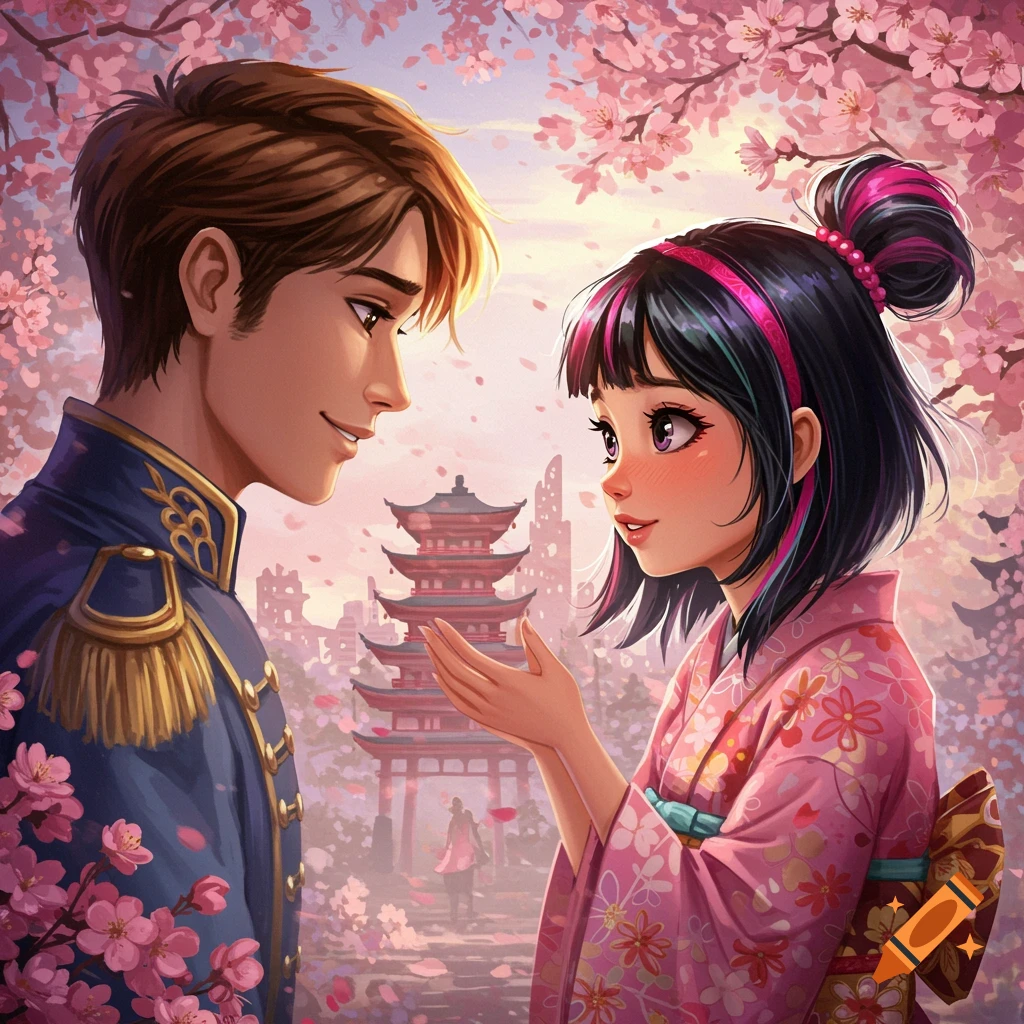 Anime style image of a couple under cherry blossoms, with a pagoda and cityscape in the background.