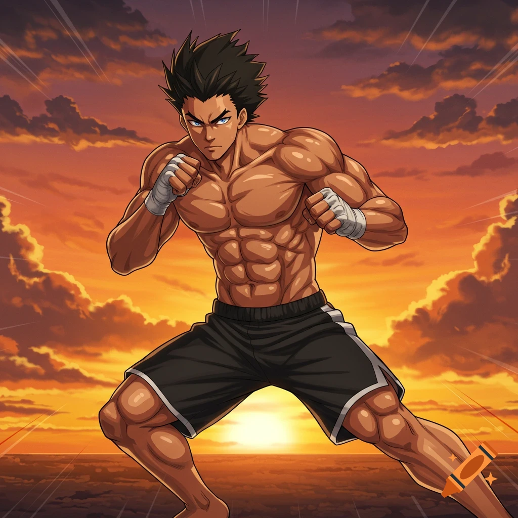 Anime style muscular man in fighting pose against a sunset
