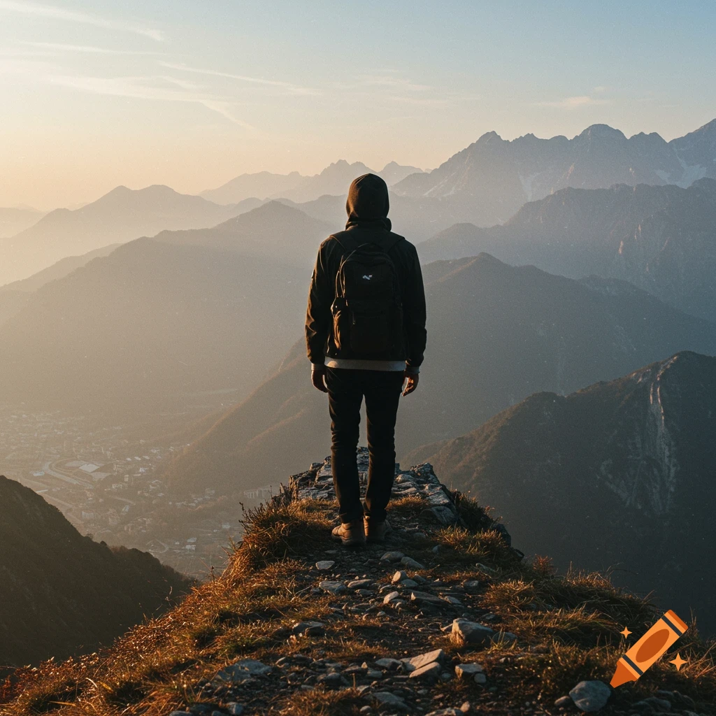 A person stands on a mountain ridge overlooking a valley at sunset.
