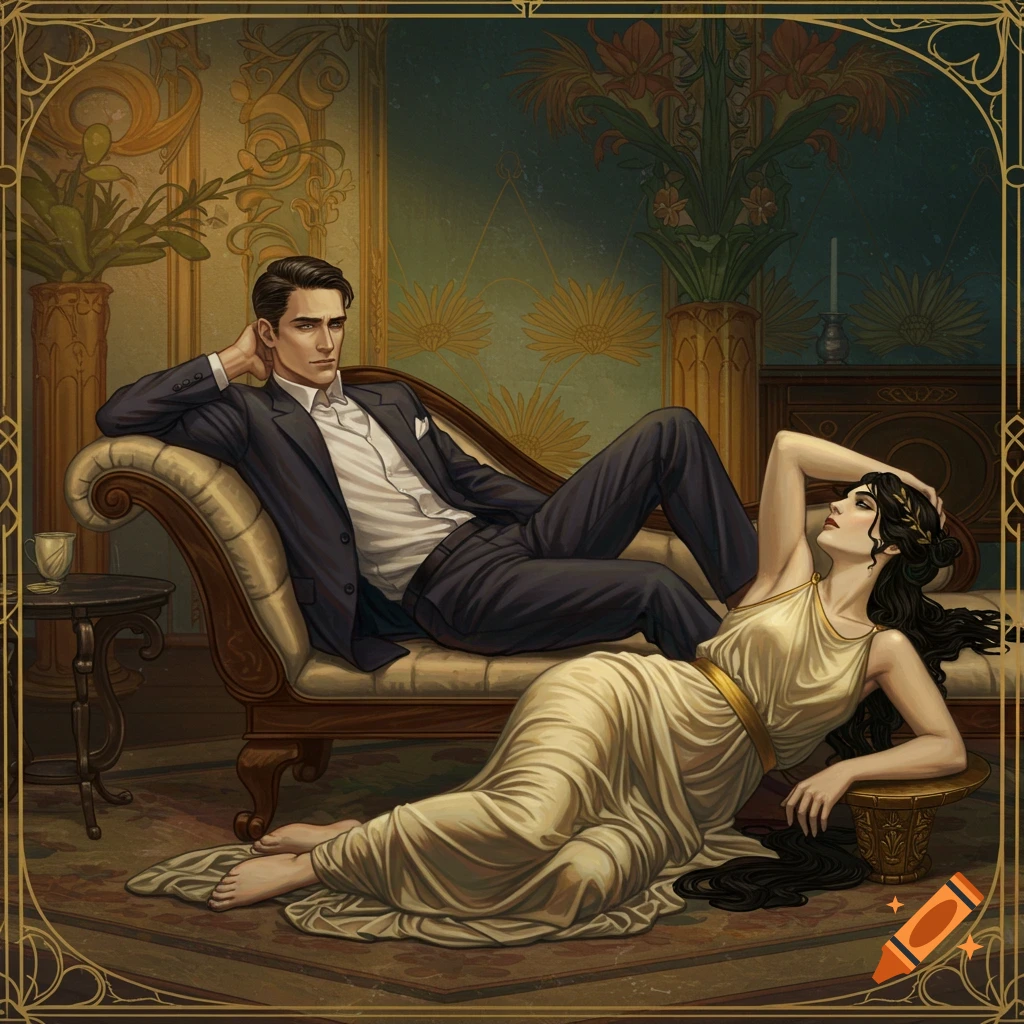 A man is on a couch and a woman in a gold dress is on the floor in a stylized room.
