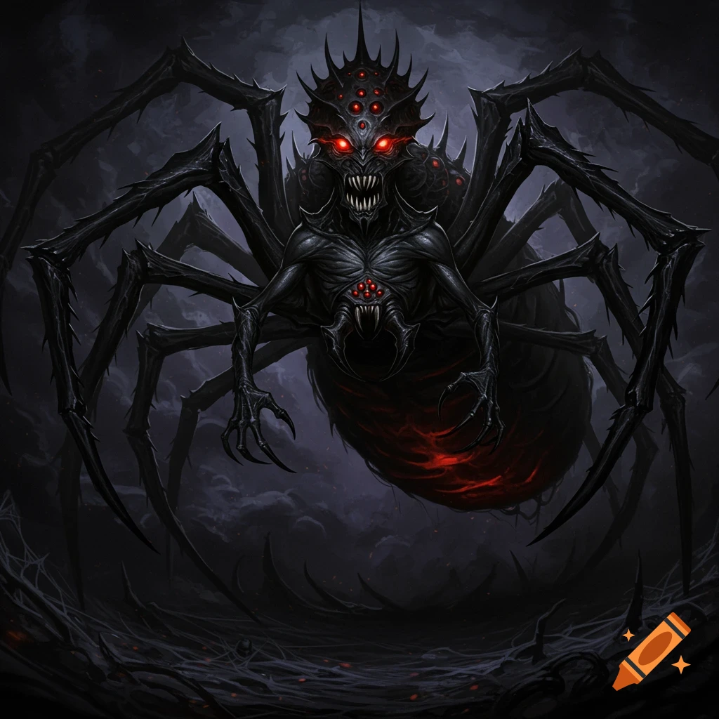 A black spider monster with red eyes and sharp teeth in a dark setting.
