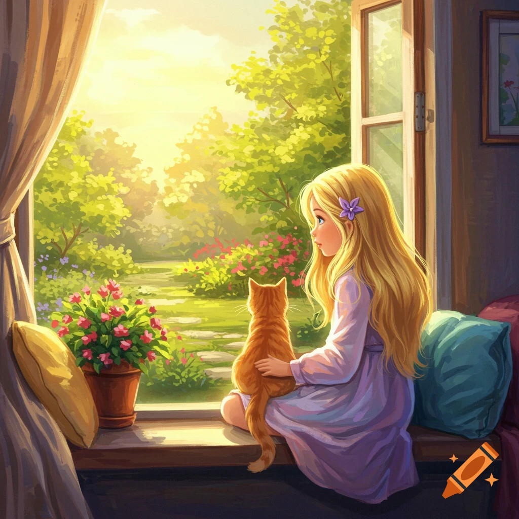 A young girl and her cat sit on a window seat, gazing out at a bright, sunlit garden.