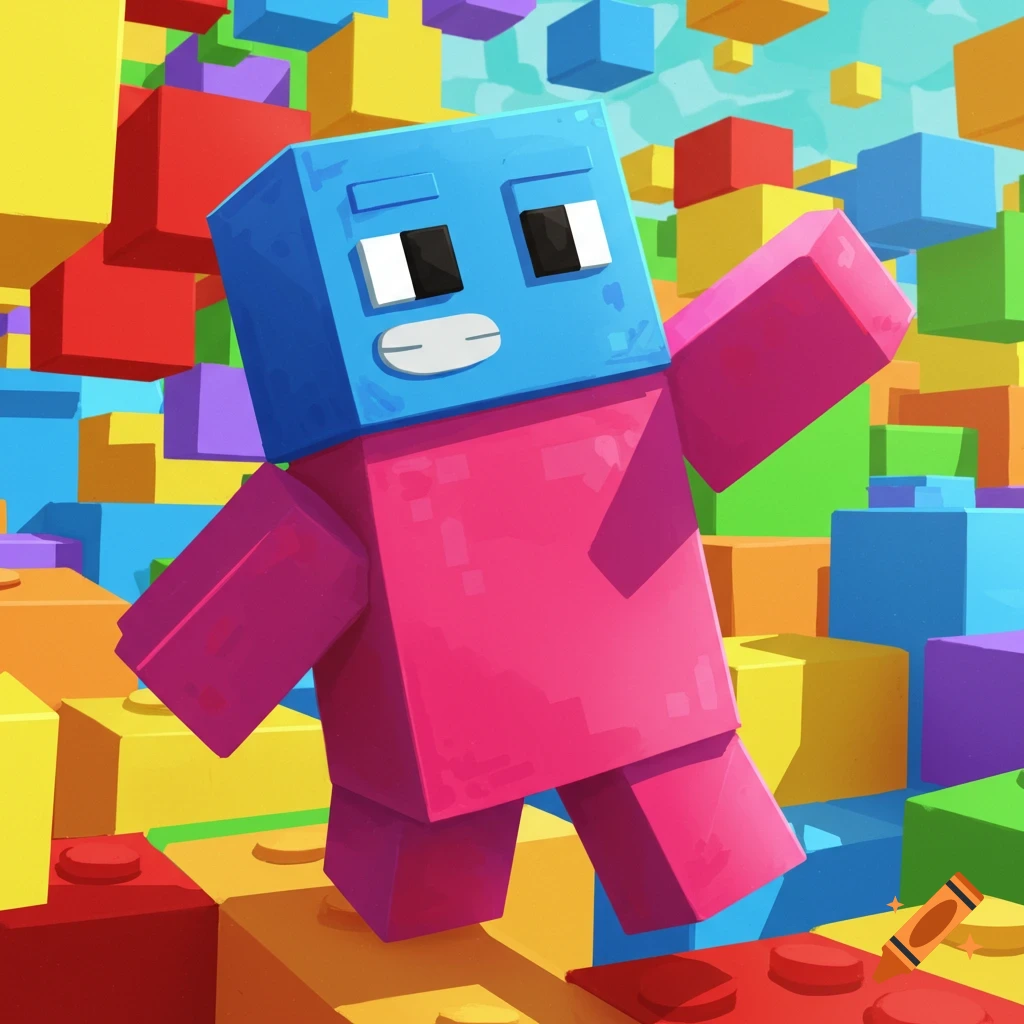 Image of a blocky character surrounded by colorful blocks