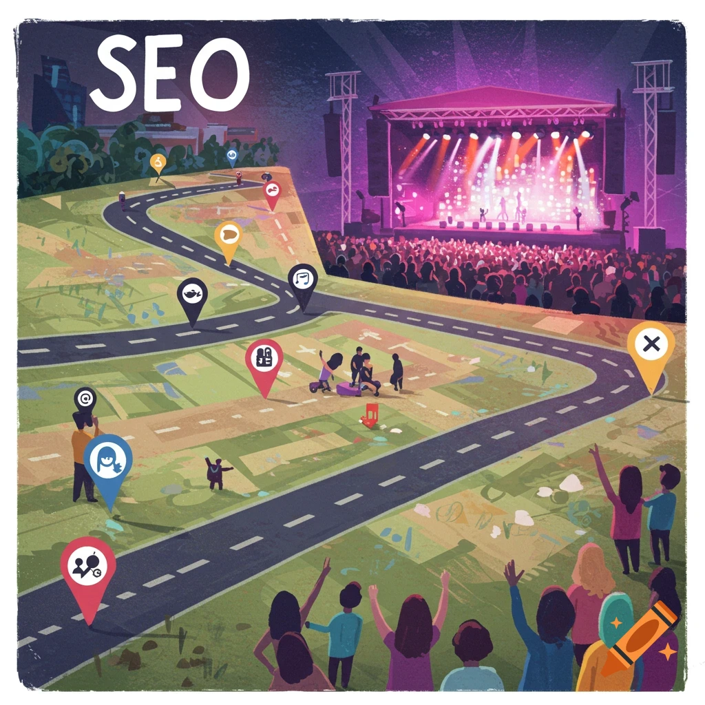 Digital illustration showing a map route with markers leading to a concert stage packed with people, labeled 'SEO'.