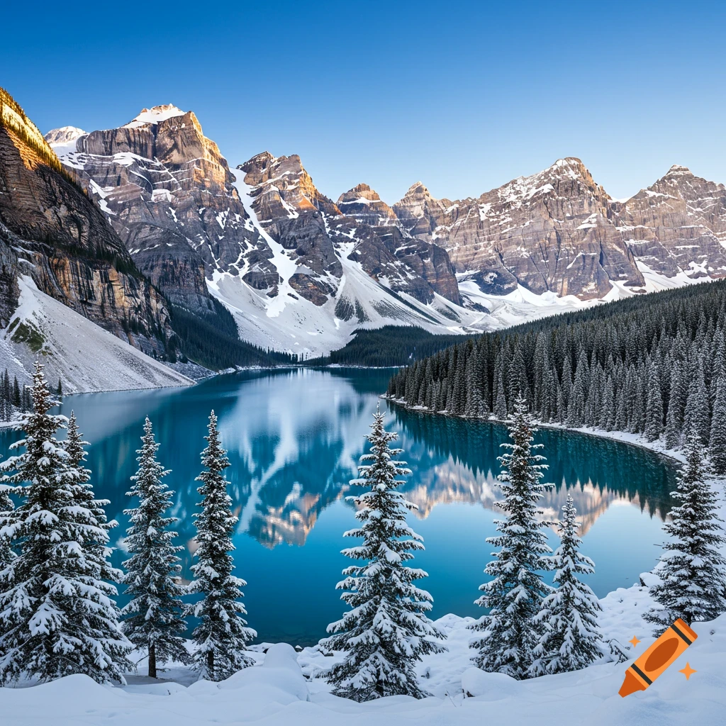 Snowy mountains reflect in a blue lake surrounded by snow-covered evergreen trees.