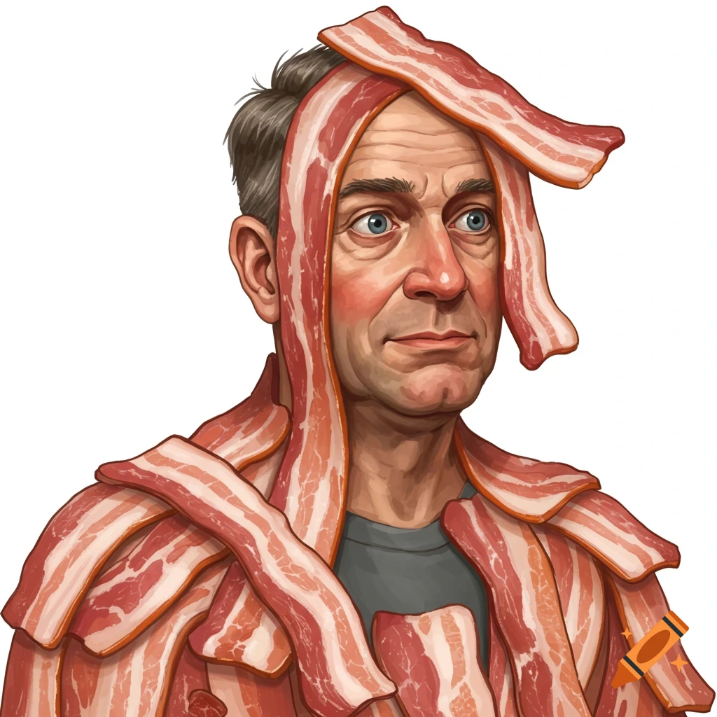 A man covered in strips of bacon.