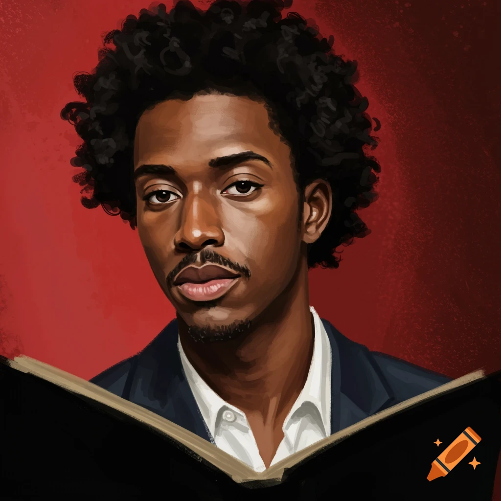 A Black man with curly hair is reading a book against a red background.