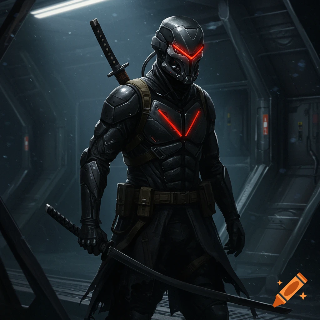 A warrior in black sci-fi armor with red visor and katanas in a dark corridor.