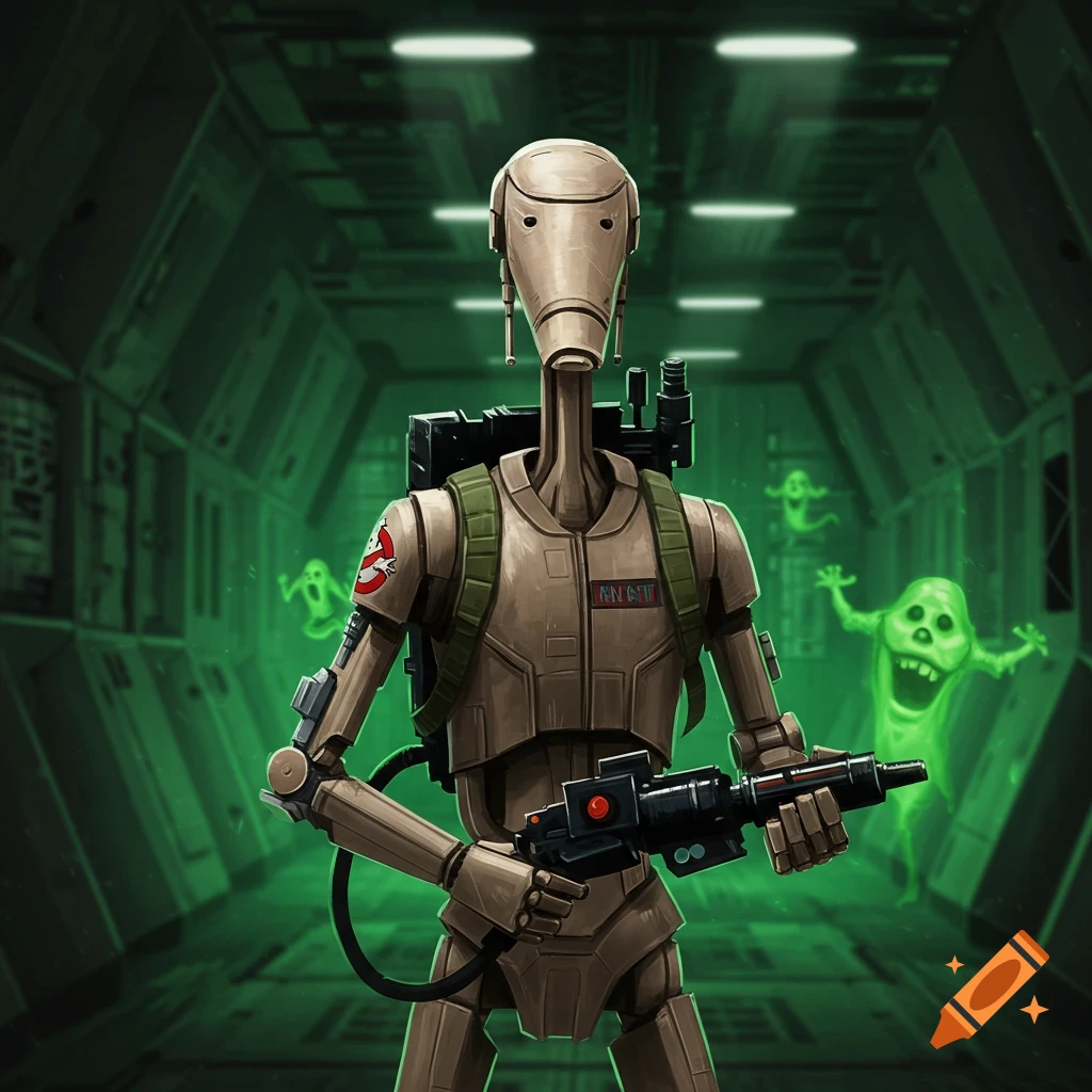 A battle droid dressed as a Ghostbuster holds a proton pack weapon in a green-lit hallway with ghosts.