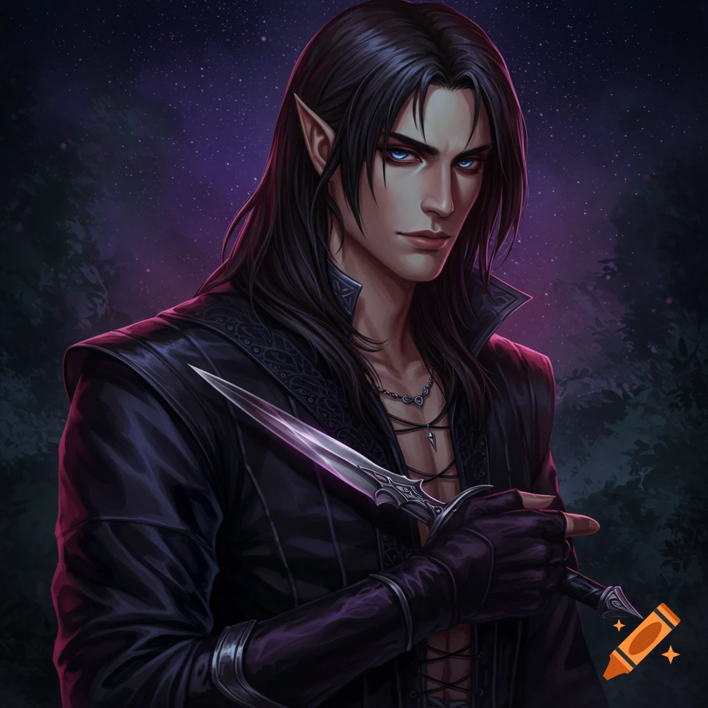 A dark-haired male elf with blue eyes holds a dagger against a starry background.