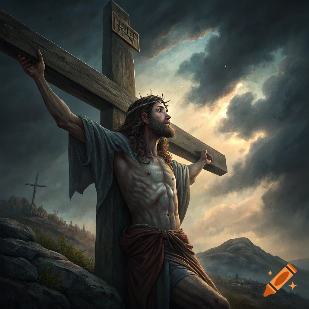 Religious painting of Jesus on the cross under a stormy sky.