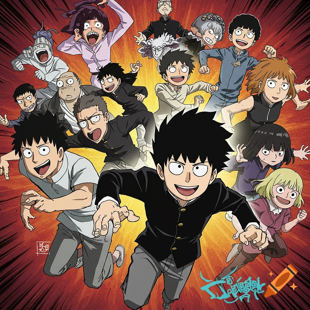 Group of Mob Psycho 100 anime characters running and smiling