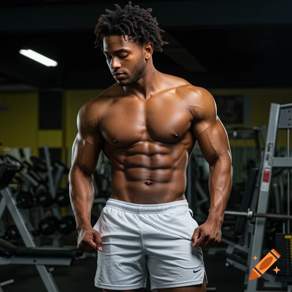 Muscular African American man with abs posing in a gym, wearing white shorts.