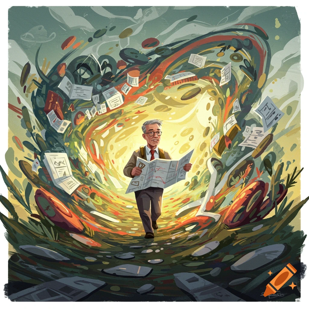 A man with a map is in a vortex of papers representing an overwhelming job search.