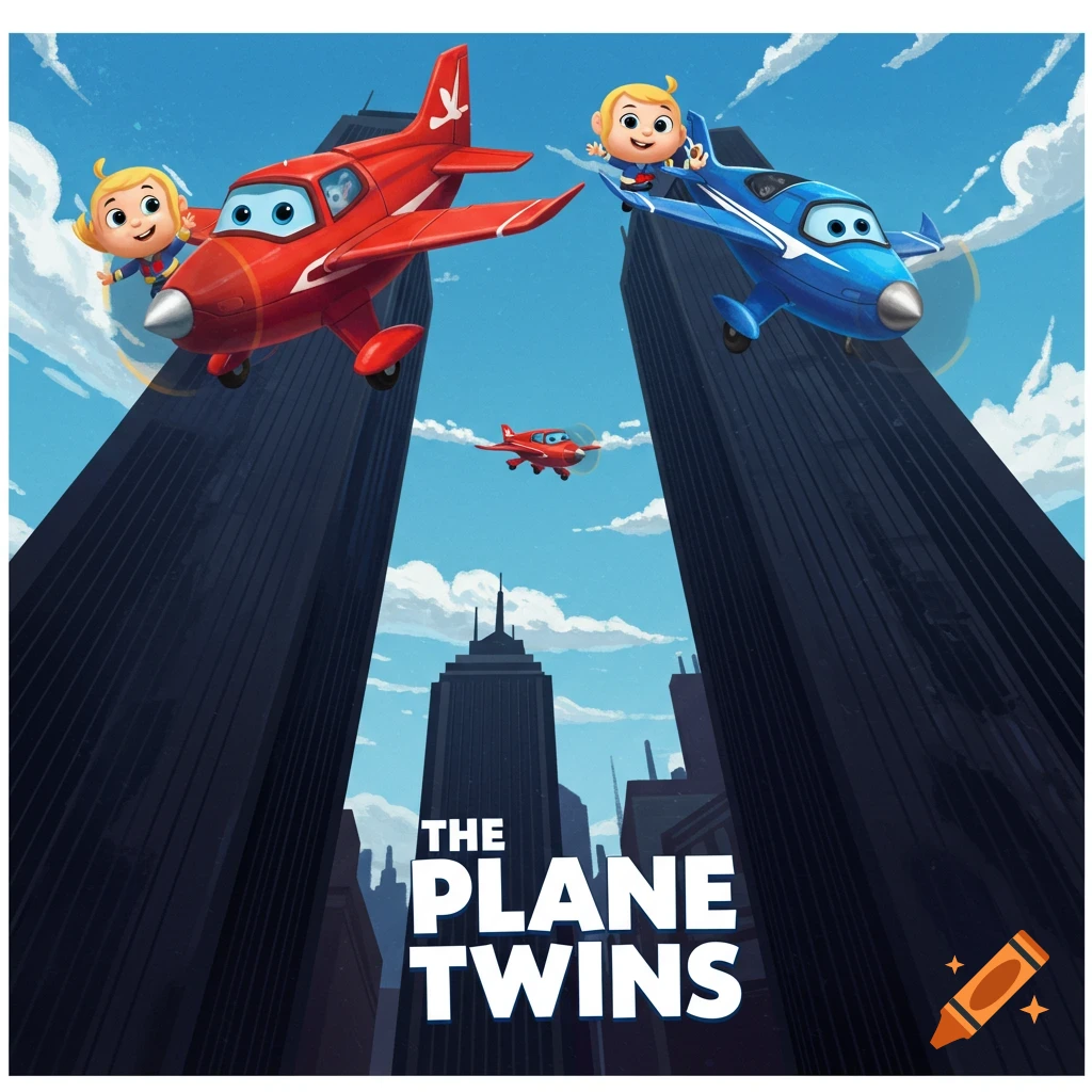 Cartoon planes with twin characters fly between tall buildings with 'THE PLANE TWINS' text.