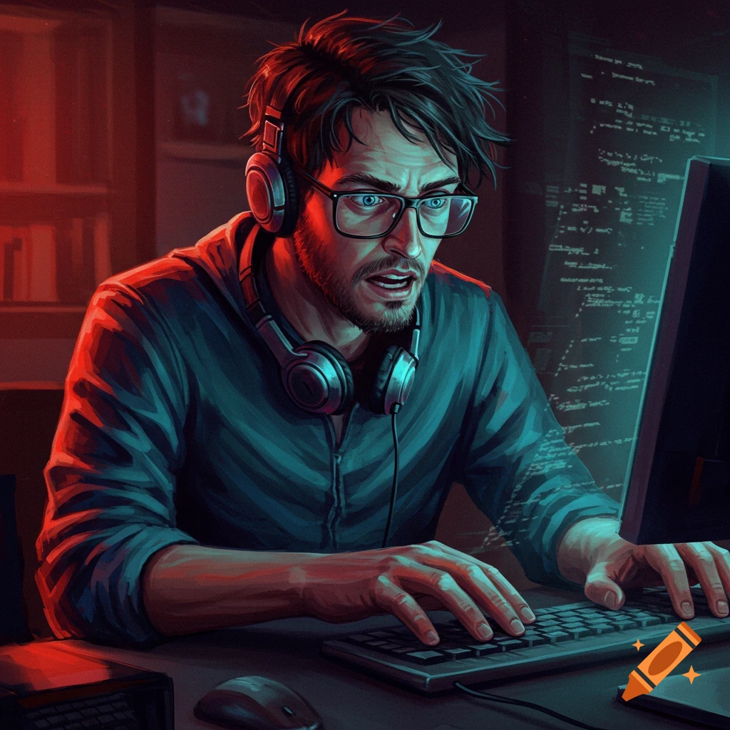 A man with headphones and glasses typing on a computer keyboard.