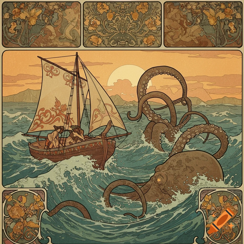 Art Nouveau painting of a sailboat battling a kraken on a stormy sea.