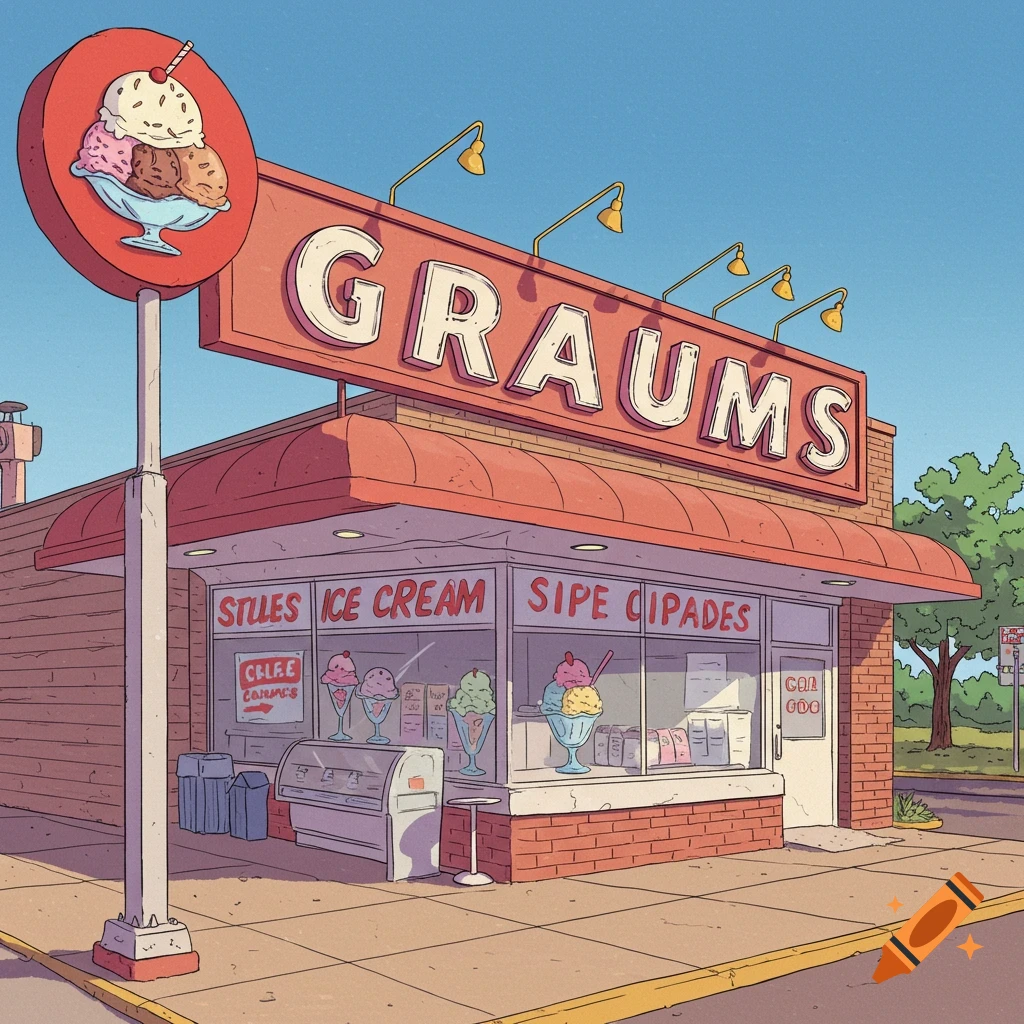 A cartoon of an ice cream shop with a large sign reading 'Graums'.