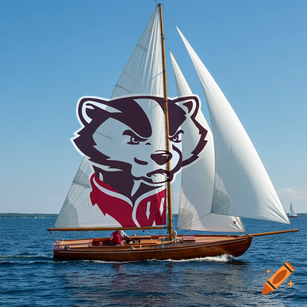 A sailboat with a large Wisconsin Badgers logo on its sail sails on a sunny day.