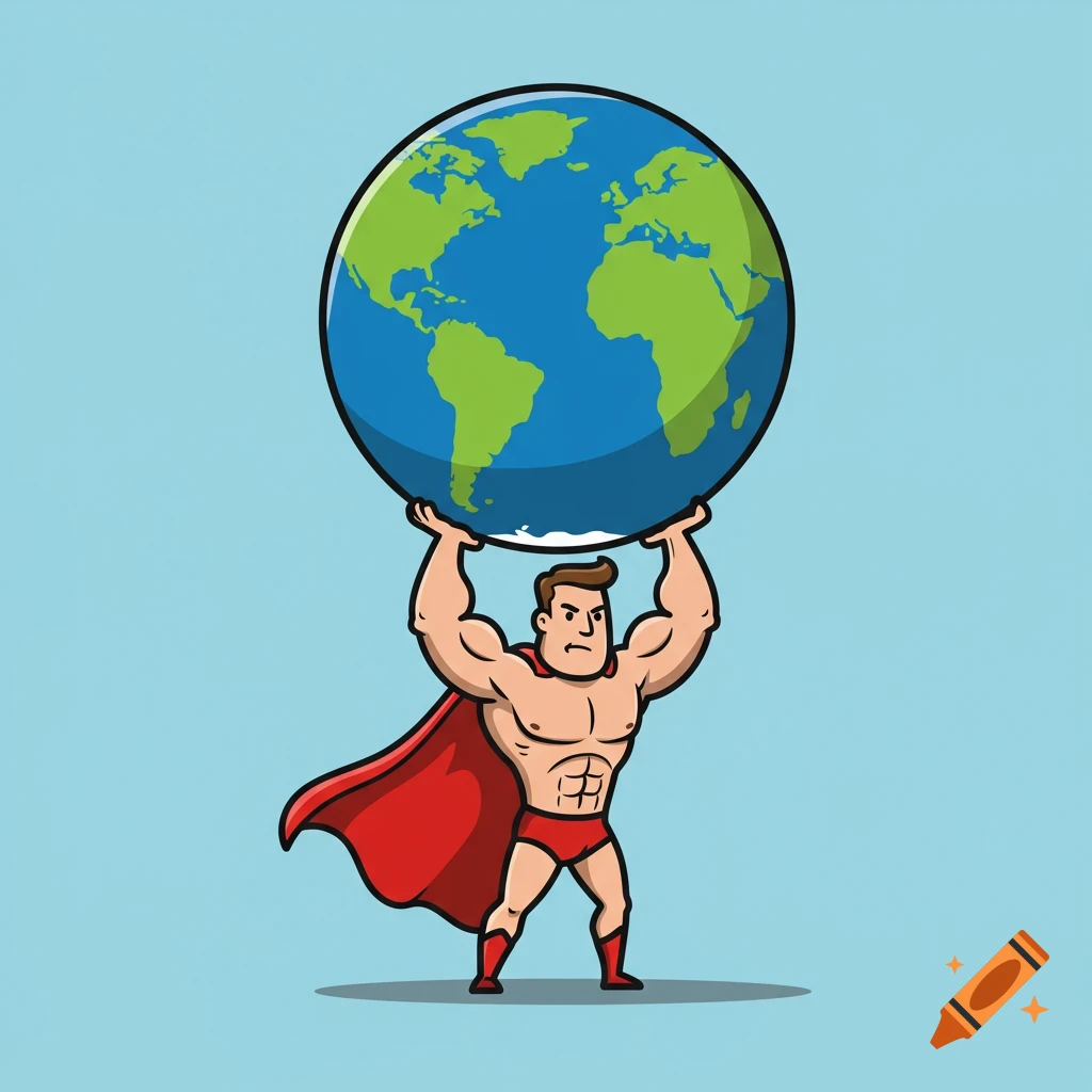 Cartoon superhero figure in red cape and briefs lifting the Earth