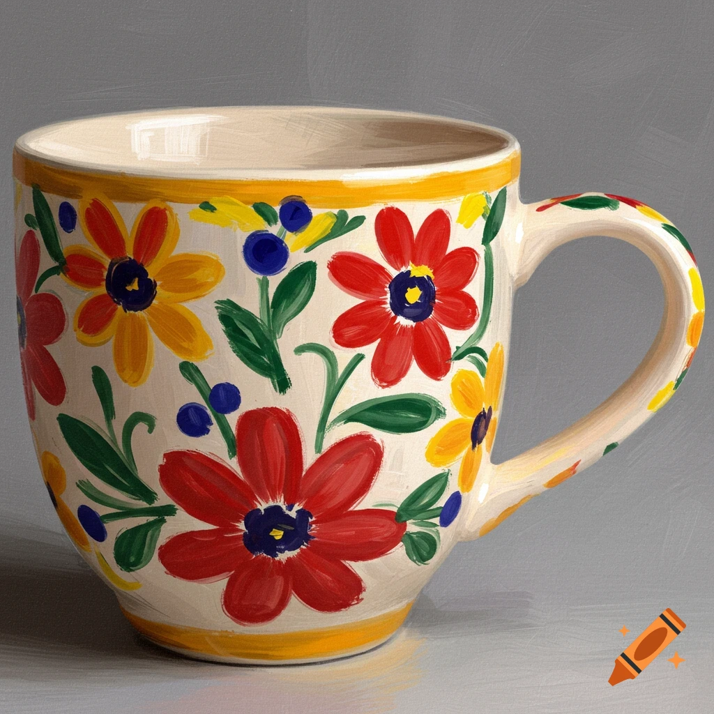A white mug with colorful floral patterns