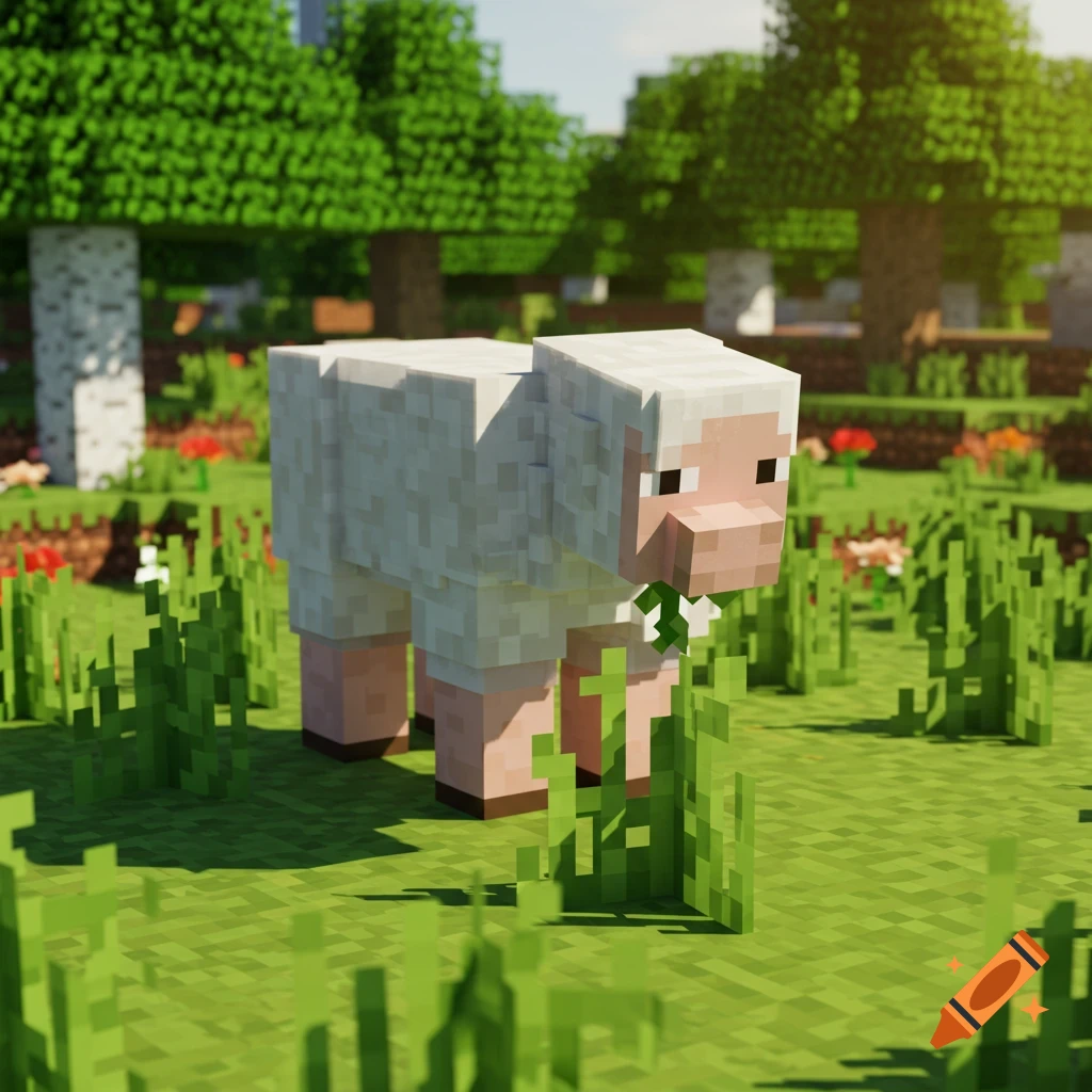 A Minecraft sheep eats grass in a blocky field.