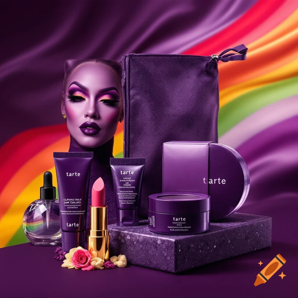 Makeup products including lipstick, tubes, jar, compact, and perfume bottle on a purple base. A person with heavy purple makeup is in the background. Purple and rainbow colors.