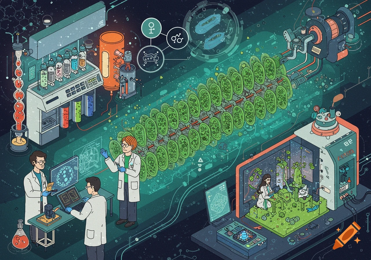 Illustration of scientists working in a complex laboratory with beakers, screens, and biological equipment.