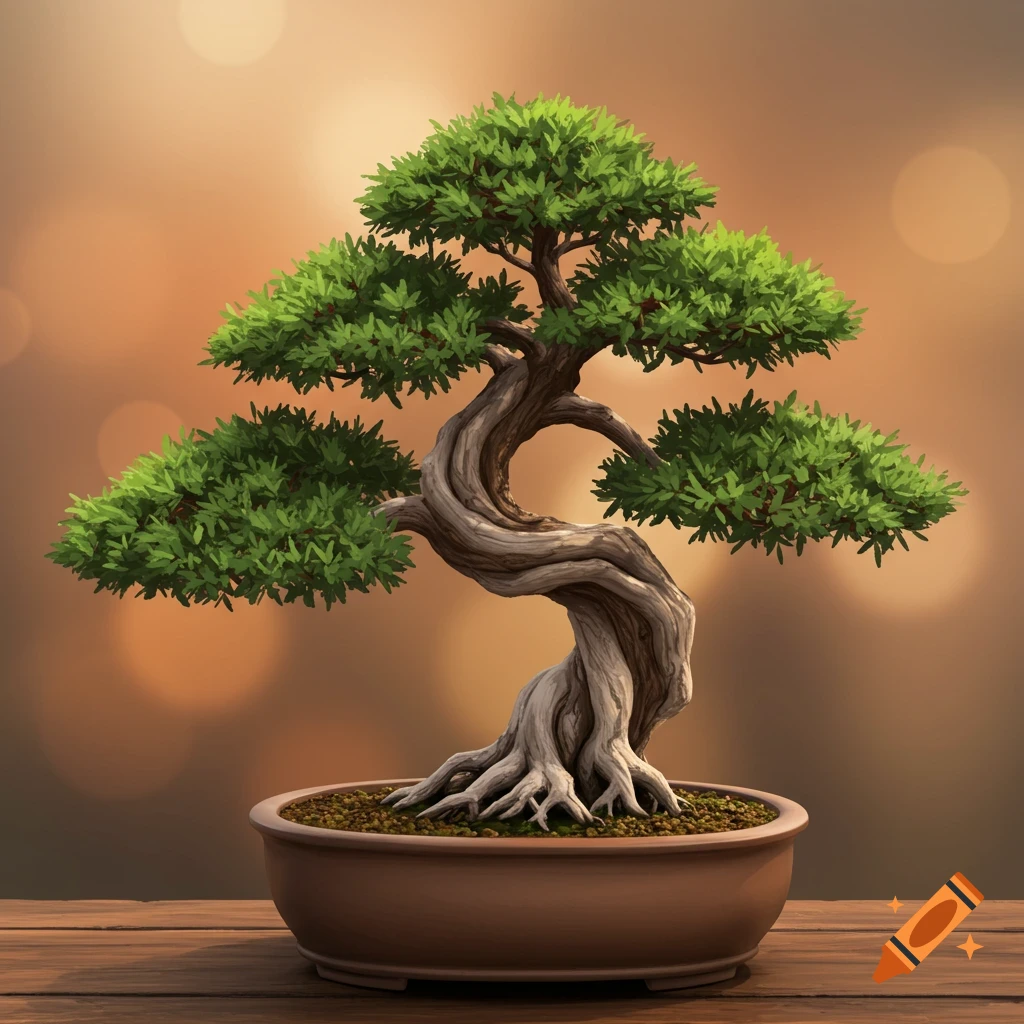 A bonsai tree on a wooden table