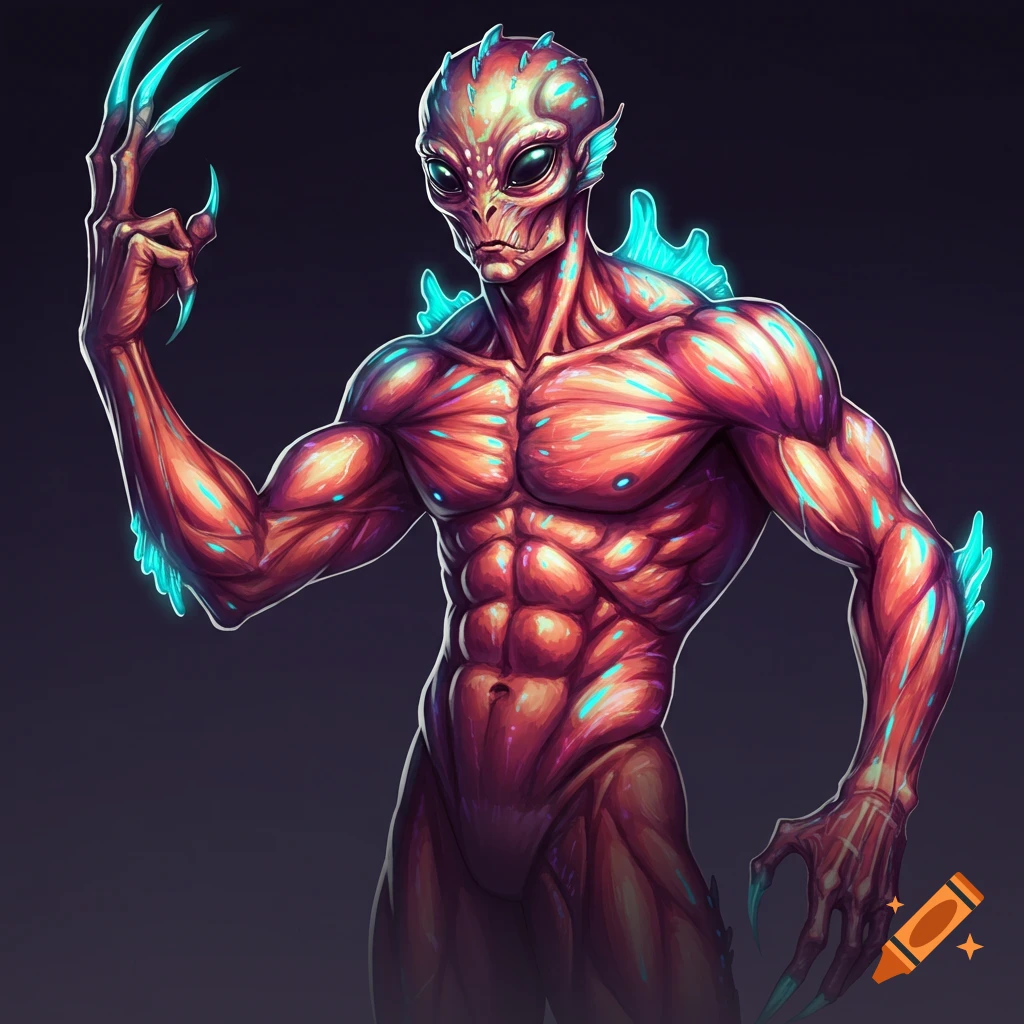 A muscular alien with glowing fins and claws.