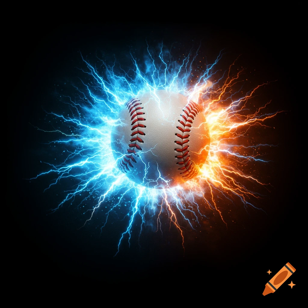 A baseball surrounded by blue and orange lightning on a black background.