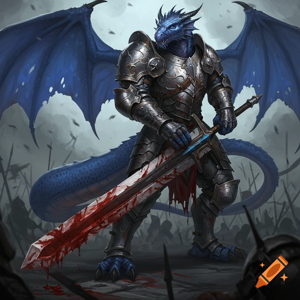 A blue dragon in armor holding a bloody greatsword on a battlefield.
