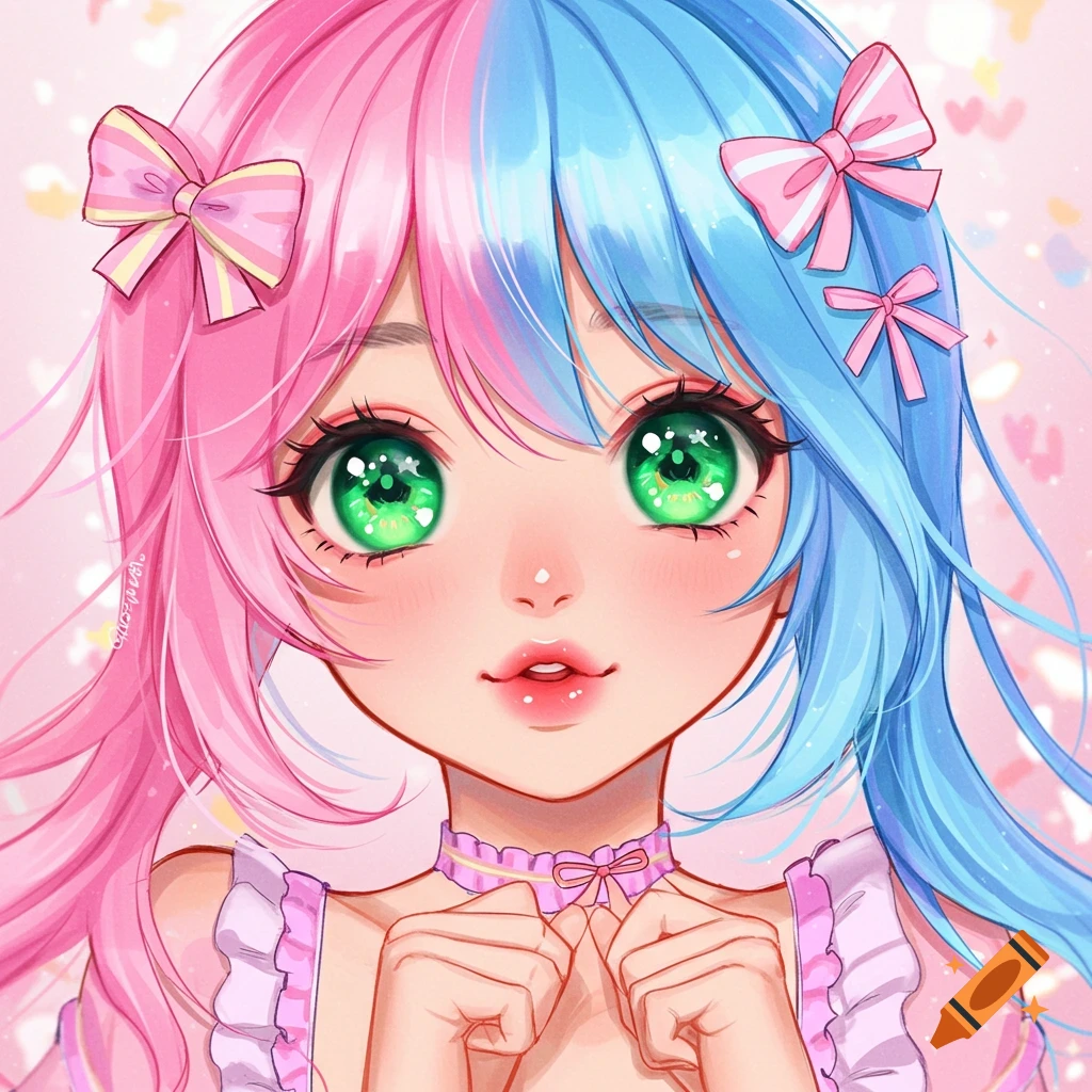Cute anime girl with pink and blue hair, large green eyes, and pink bows.
