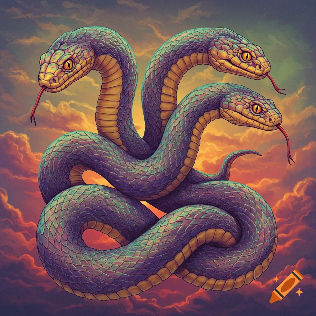 Three-headed snake with purple and green scales coiling against an orange and purple cloudy sky.
