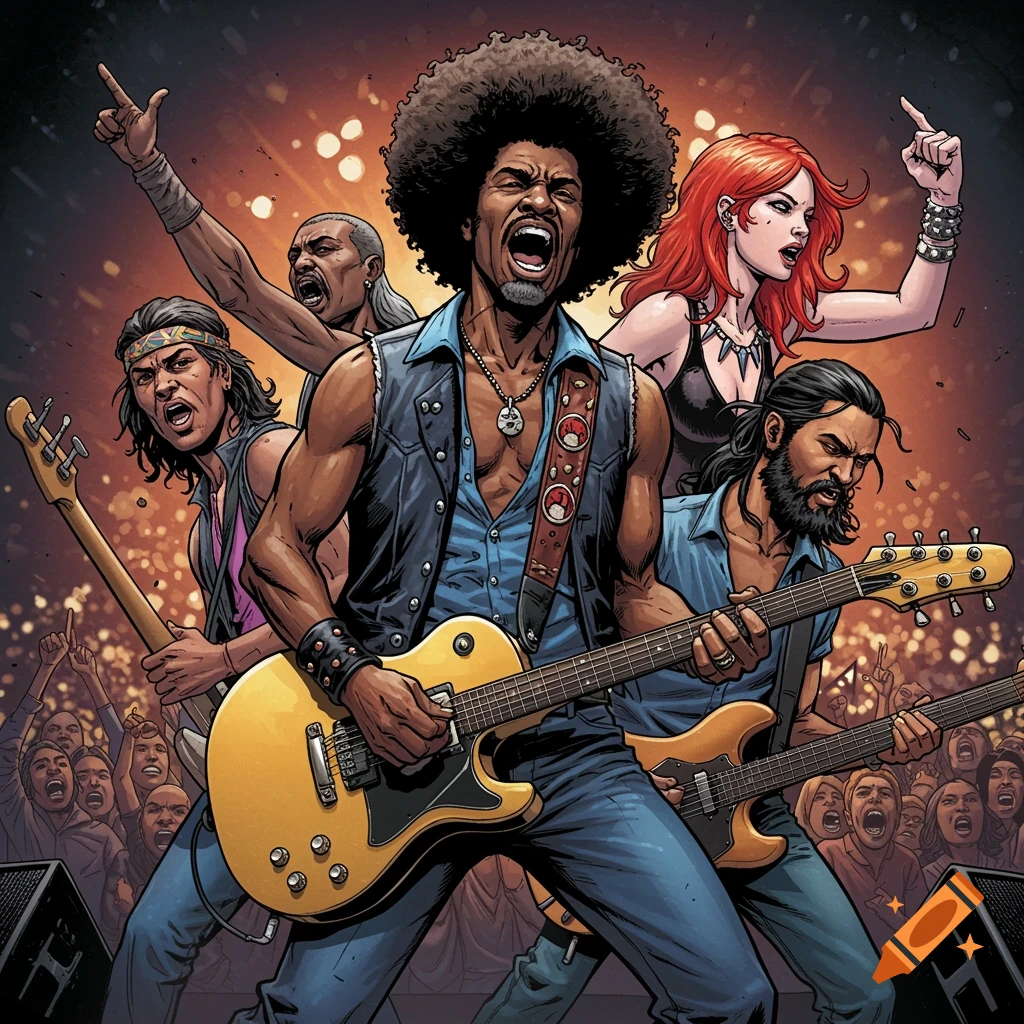 Vibrant comic illustration of a diverse rock band playing a concert.
