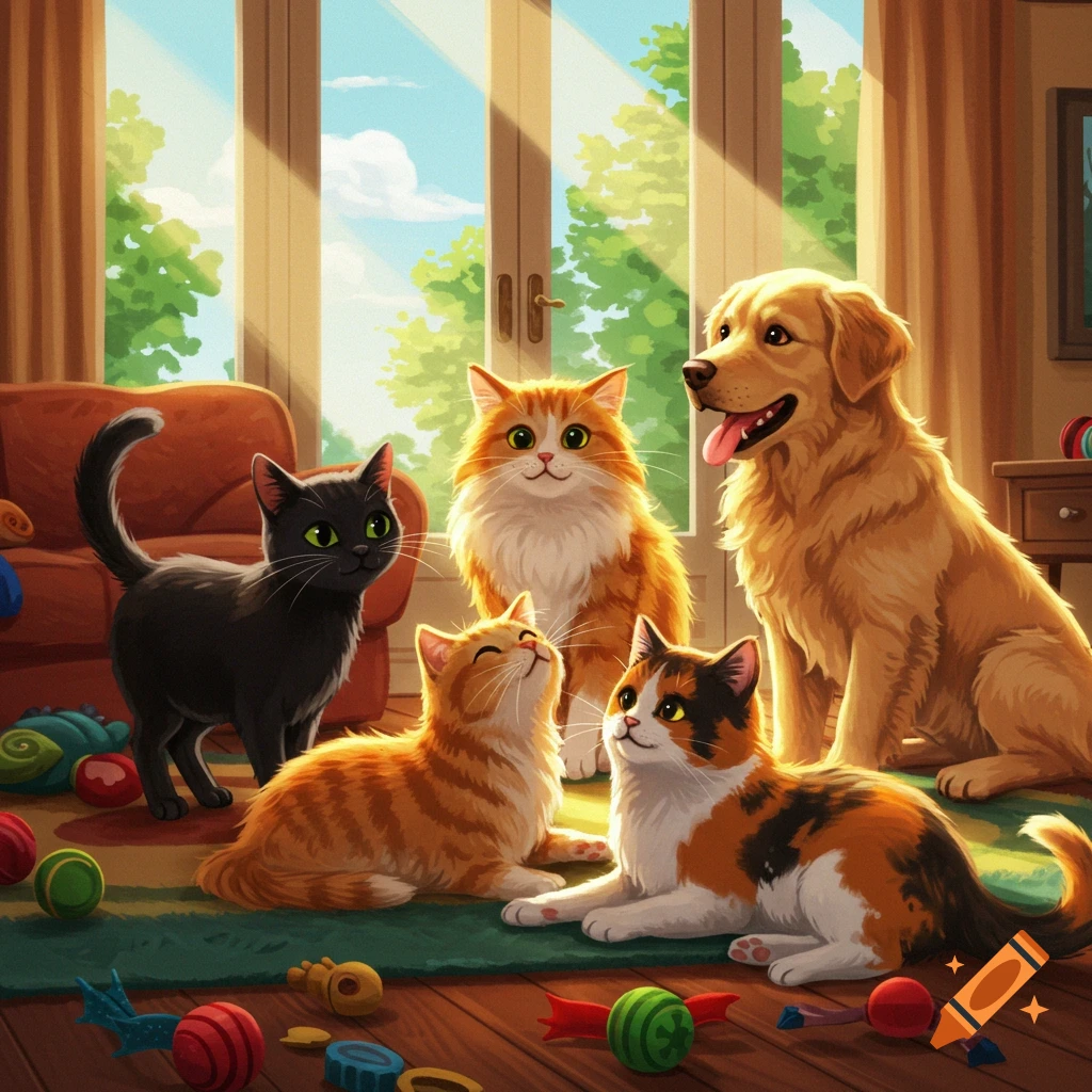 A golden retriever and three cats sitting together in a sunny living room with toys.