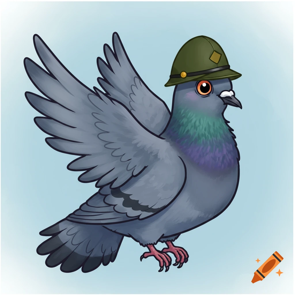Cartoon illustration of a pigeon wearing a green army helmet.