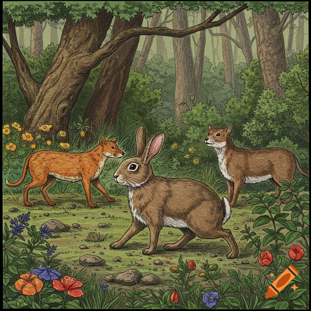 An illustration of a rabbit and two coyote-like animals in a forest.