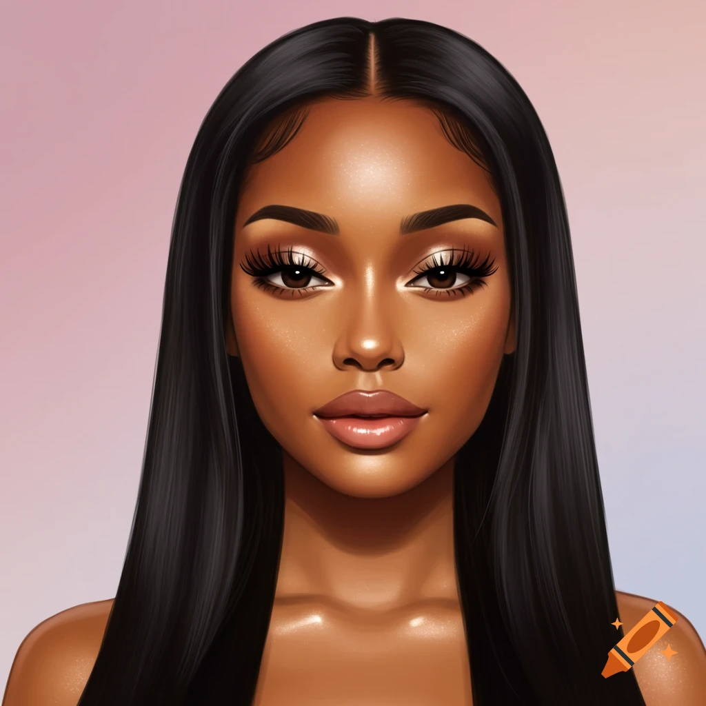 A woman with long black hair, false eyelashes, and glossy lips.