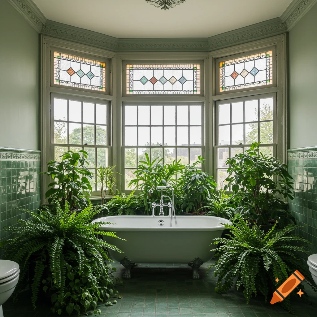 A vintage bathroom interior featuring a clawfoot bathtub surrounded by large green plants, with a tiled floor and large windows featuring stained glass accents.