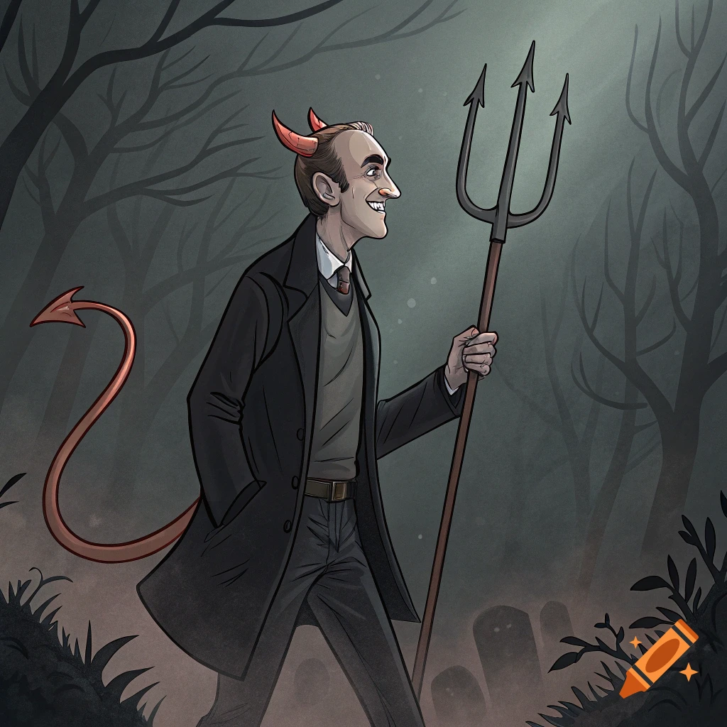 Cartoon illustration of a man with devil horns and tail, holding a pitchfork, walking through a spooky woods.