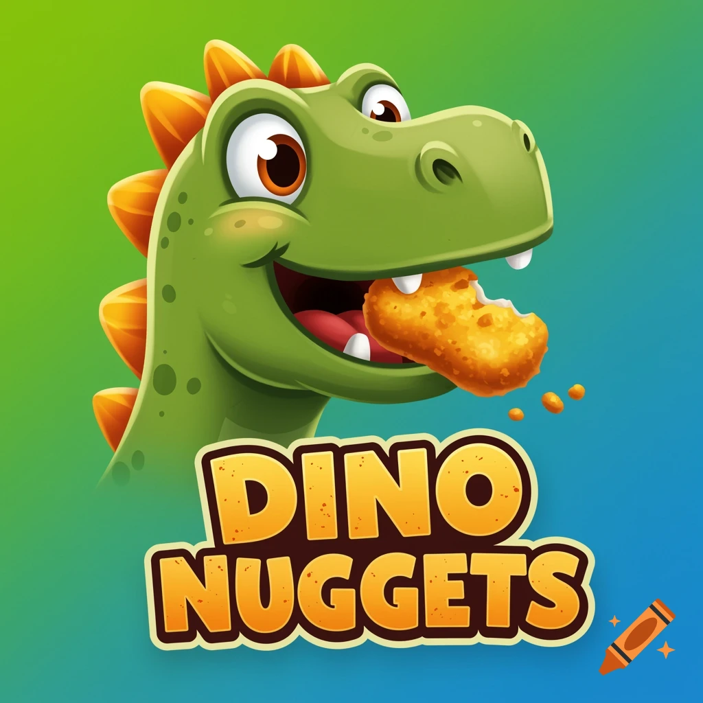Cartoon dinosaur logo eating a nugget with the text "DINO NUGGETS".