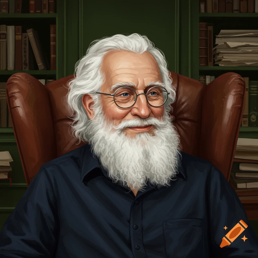 An old man with a white beard and glasses is sitting in a library.