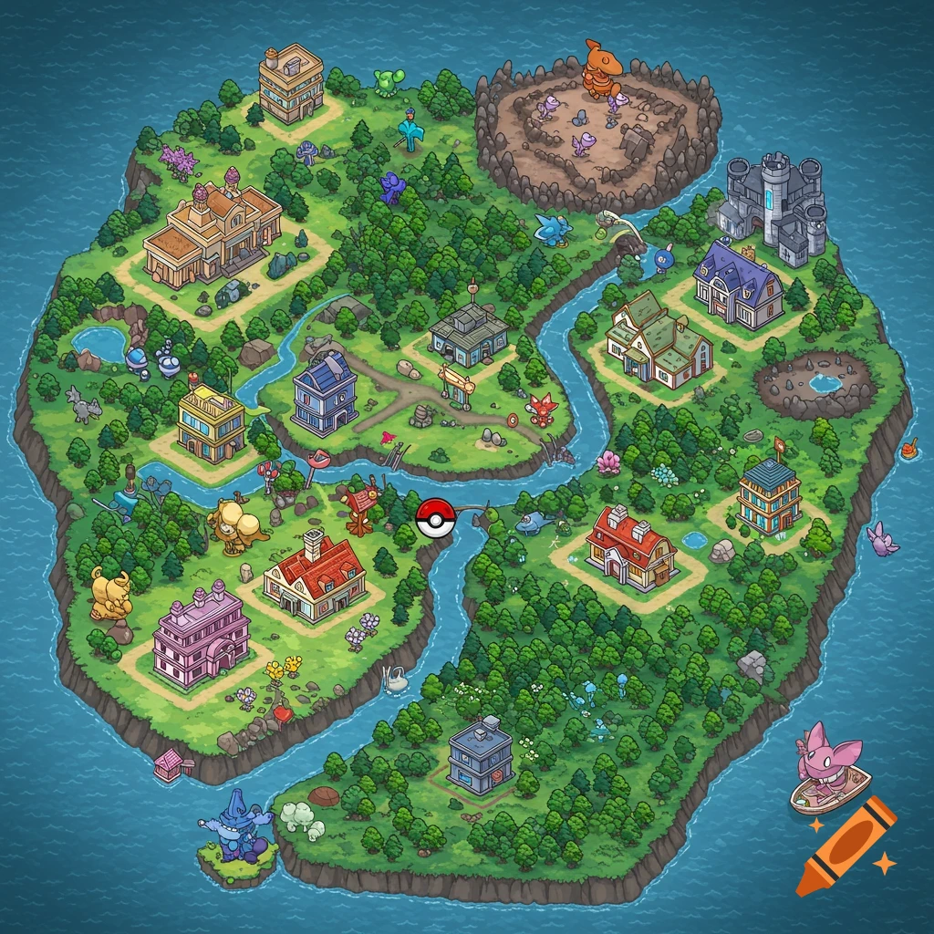 Isometric cartoon map of a Pokémon island with buildings, rivers, trees, and visible Pokémon.