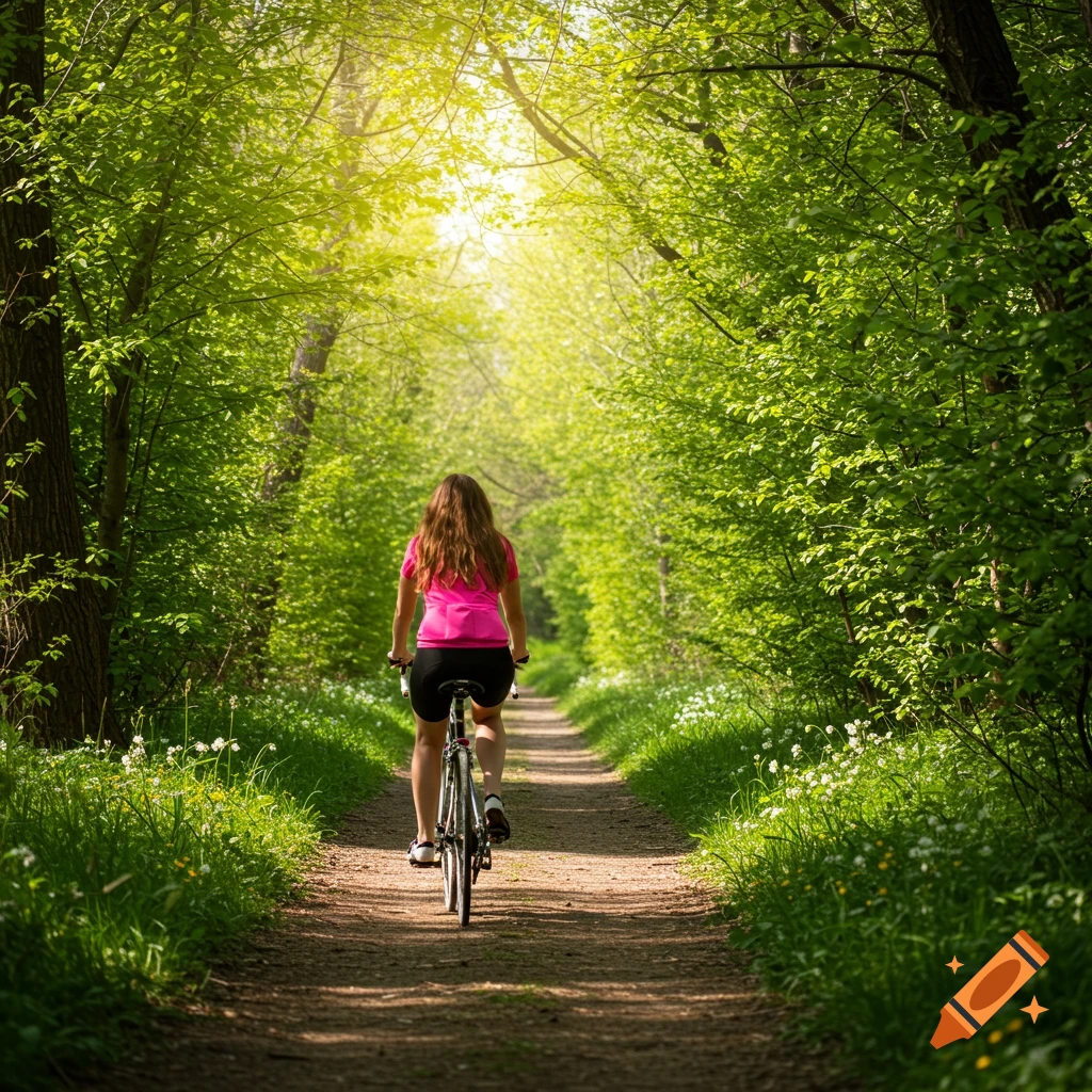 Woman riding a bicycle on a dirt path through a sunny forest
