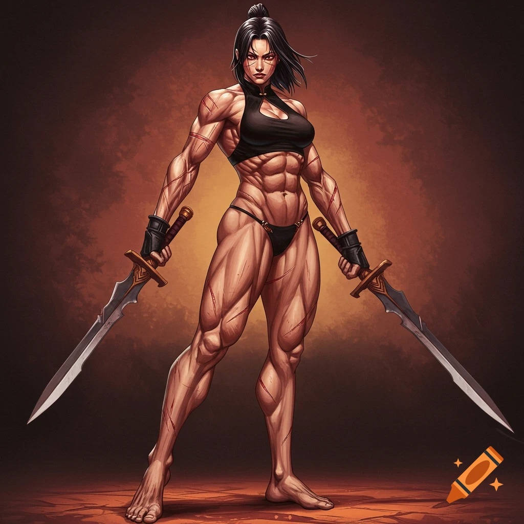 A muscular female fantasy warrior holds two swords.