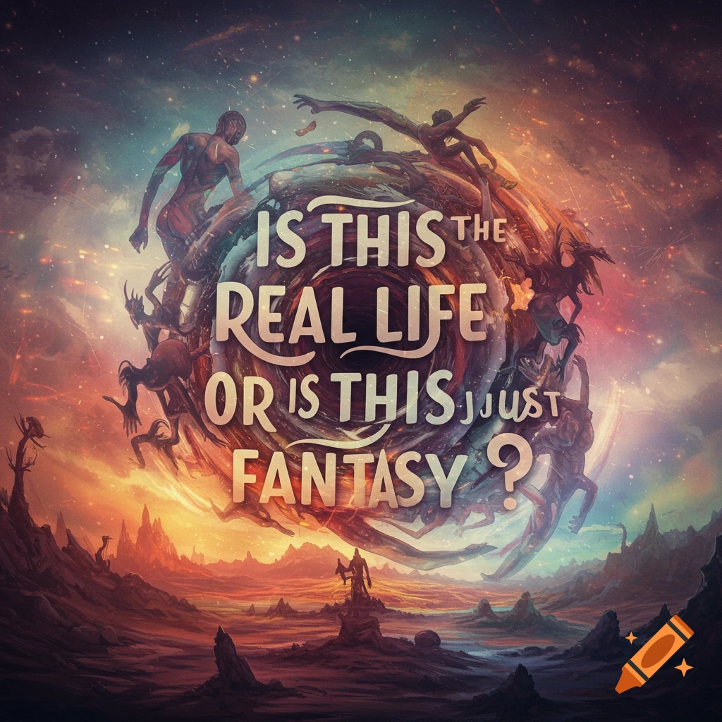 A surreal artwork featuring figures swirling in space above a landscape, with the text "IS THIS THE REAL LIFE OR IS THIS JUST FANTASY?"