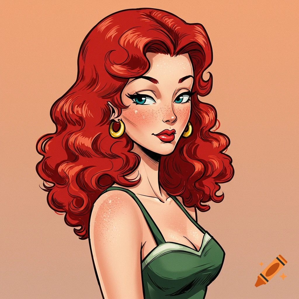 1950s style illustration of a woman with red curly hair and freckles