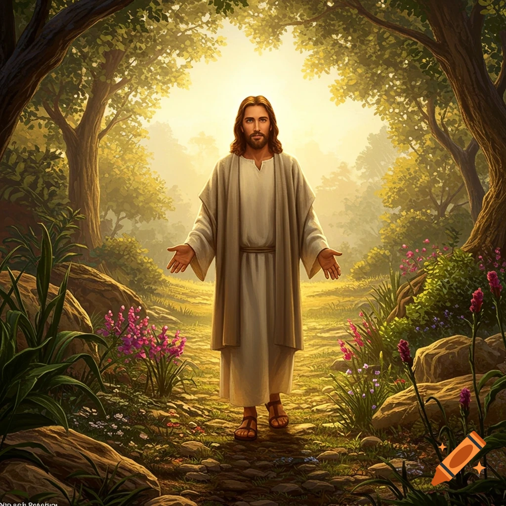 Jesus standing on a forest path with open arms