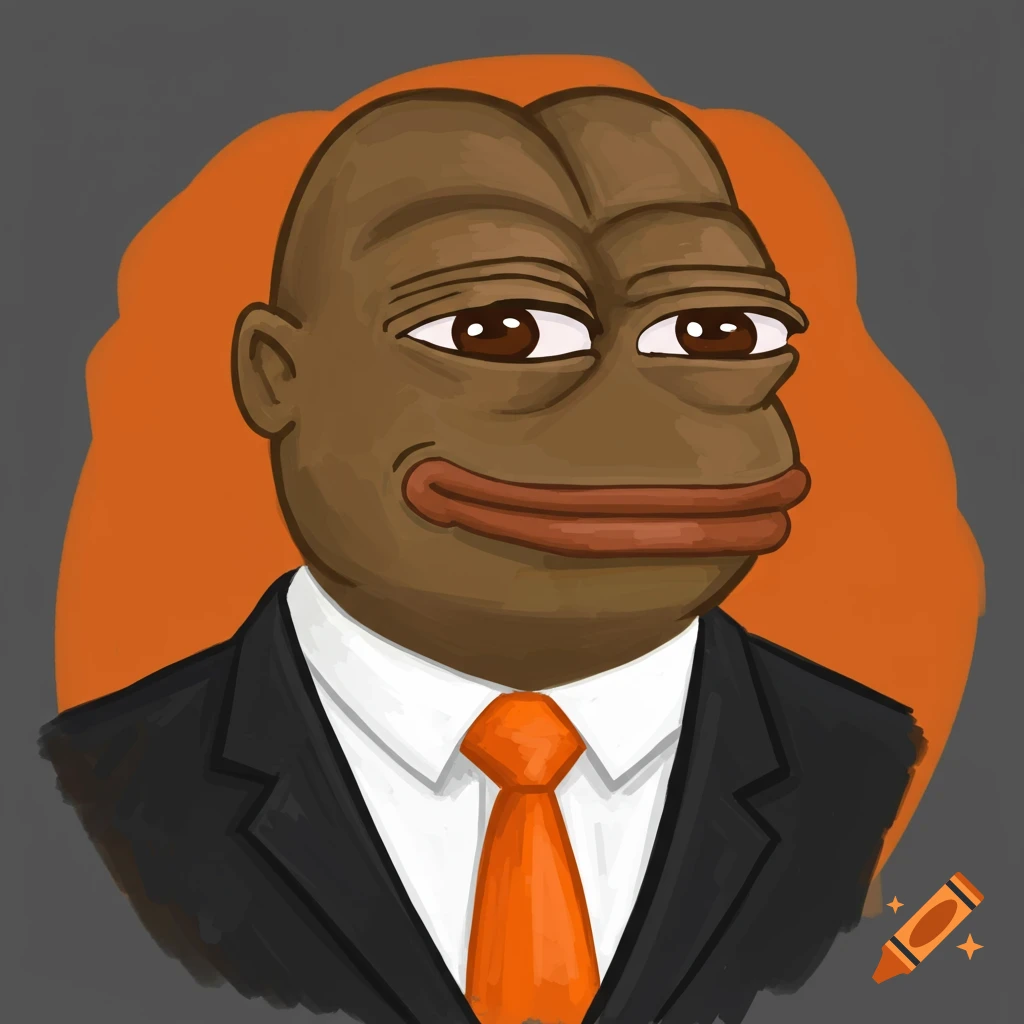 A cartoon illustration of a brown Pepe the Frog character wearing a black suit and orange tie
